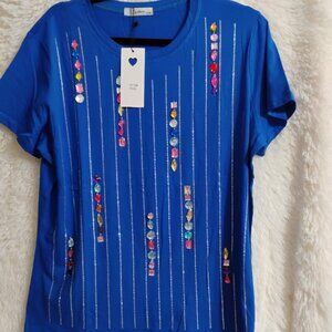 La Diosa Woman Blue S/S top with Embellishments NWT size XXXL
